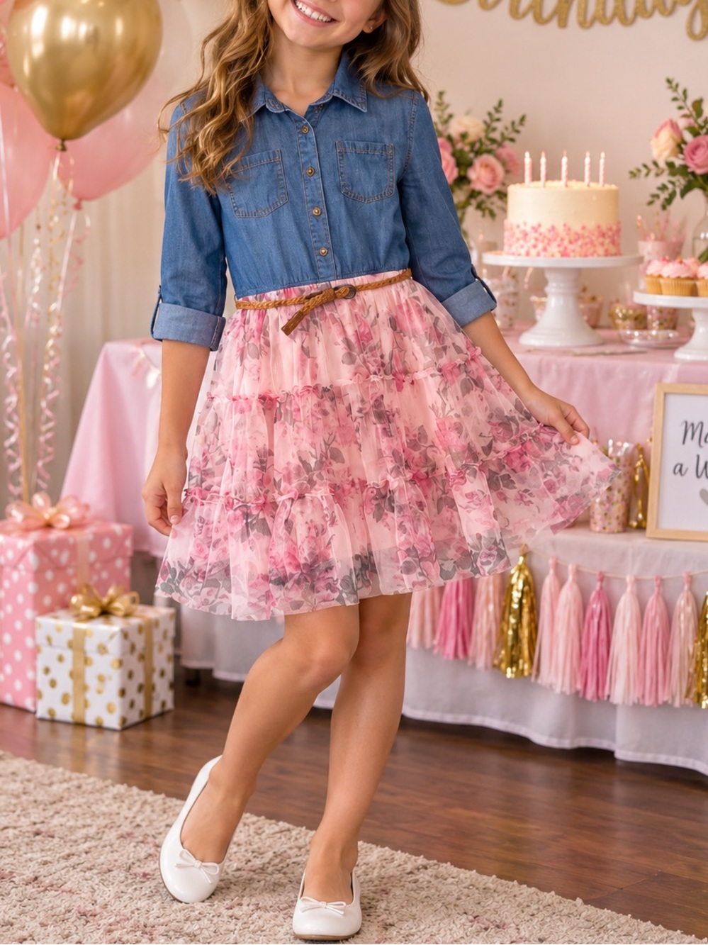 Pink & Violet Girls Size 10 Denim Floral Tulle Dress Belted